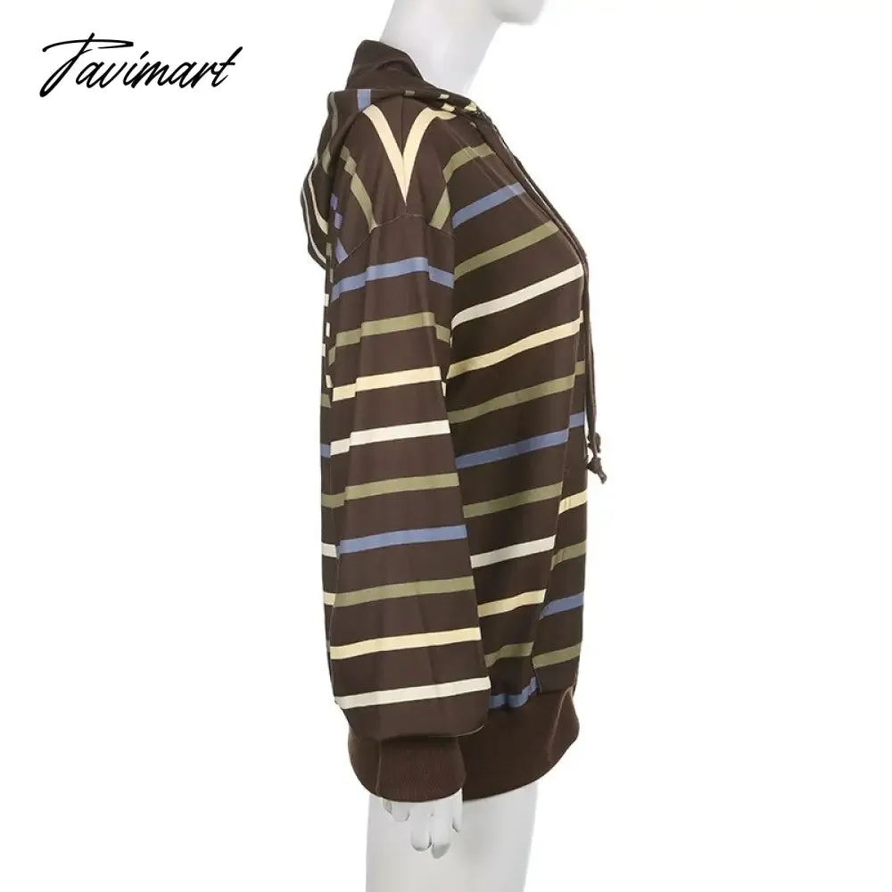 Tavimart Hip Hop Zip Up Hoodie Vintage Striped Loose Hooded Sweatshirt Jacket Harajuku Gothic Long Sleeve Women Sweatshirt Y2k Clothes