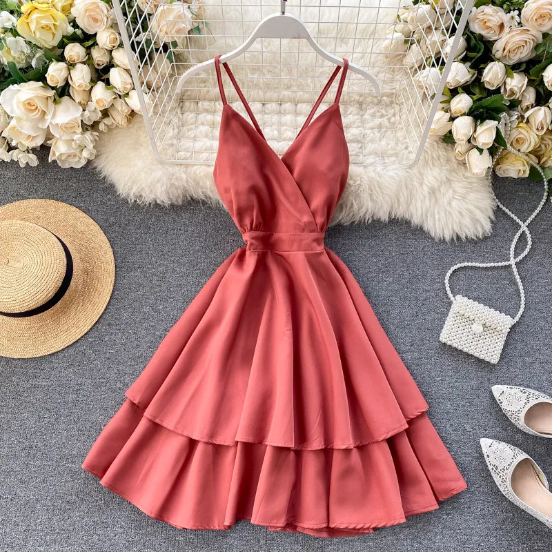 V-neck Halter Double-layer Ruffle Dress