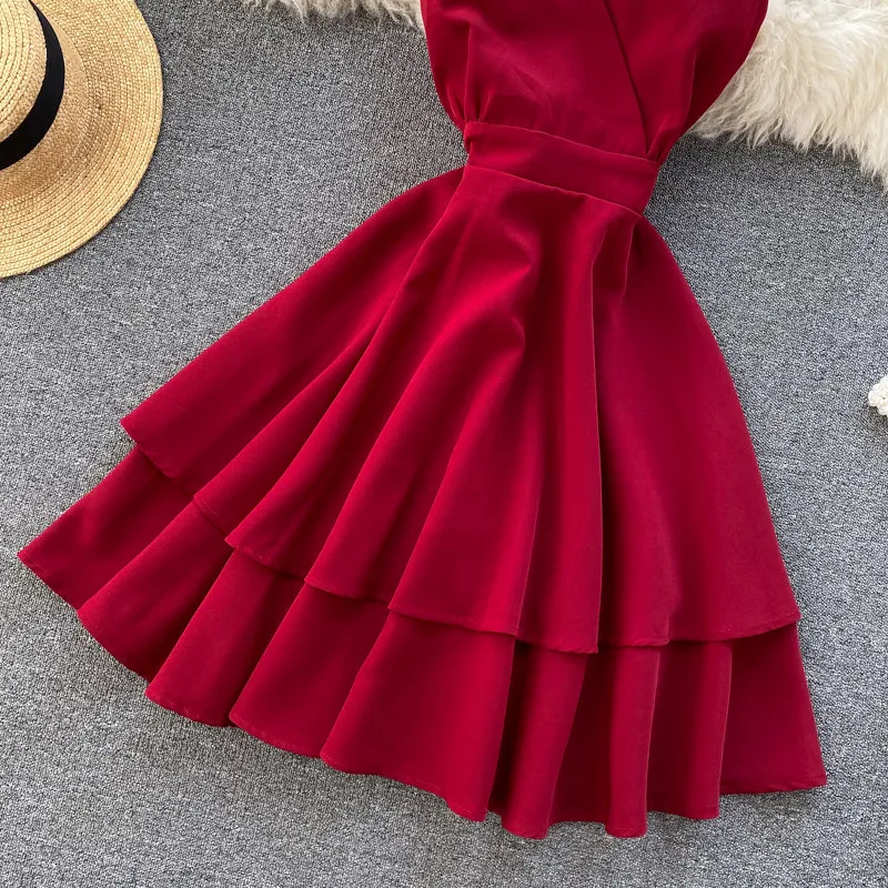 V-neck Halter Double-layer Ruffle Dress