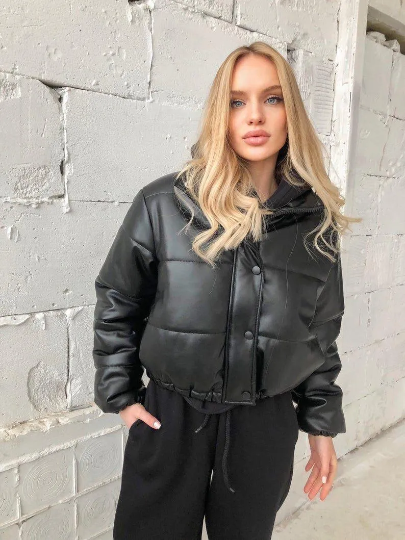 Women Crop Black Leather Puffer Jacket | QAWACH
