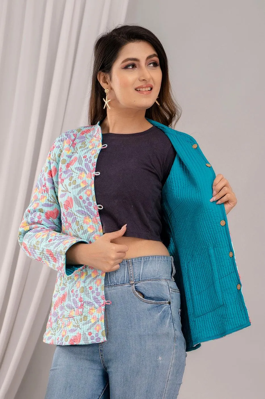 Women Printed Lightweight Cotton Quilted Multicolor Jacket - SHKL1021