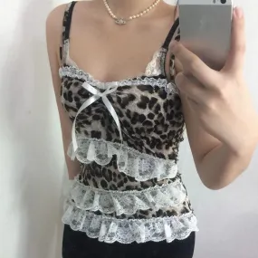 Womens Y2K Coquette Aesthetic Leopard Print Lace Tank Top