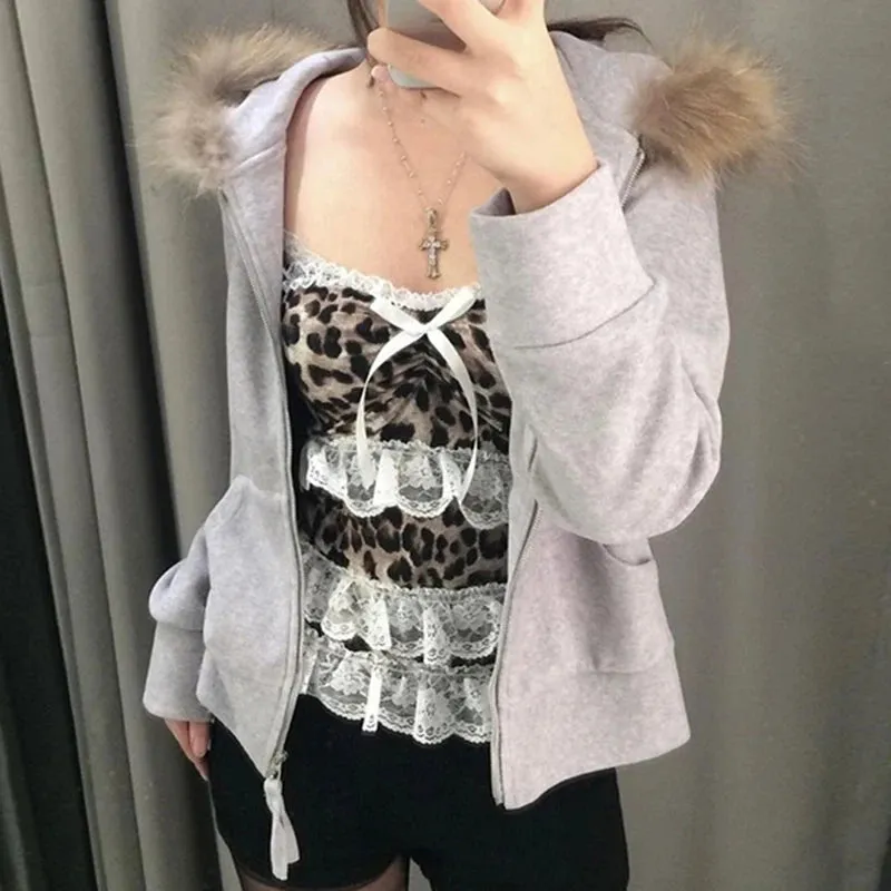 Womens Y2K Coquette Aesthetic Leopard Print Lace Tank Top