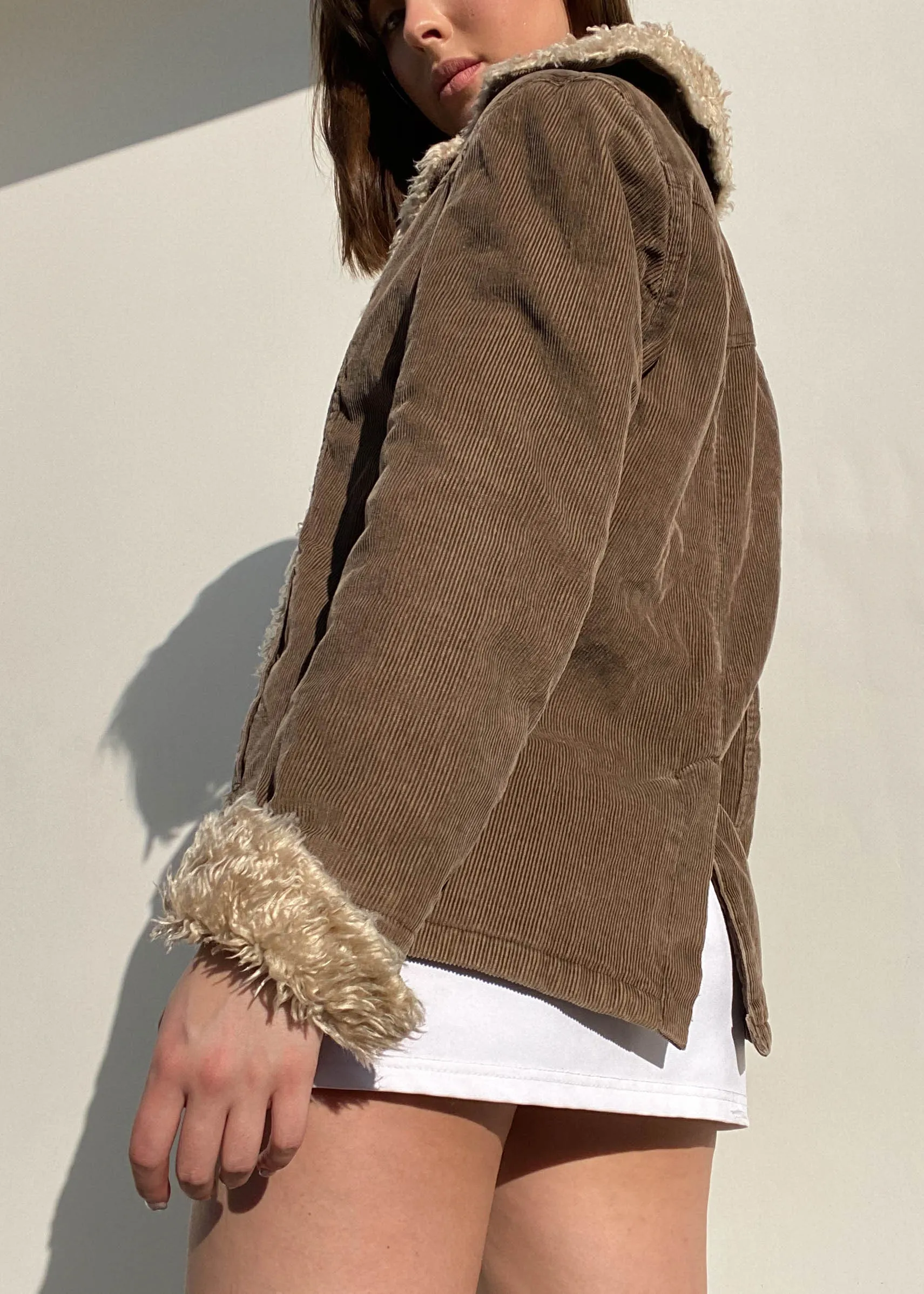 Y2k Brown Corduroy & Tan Fuzzy Jacket (S)