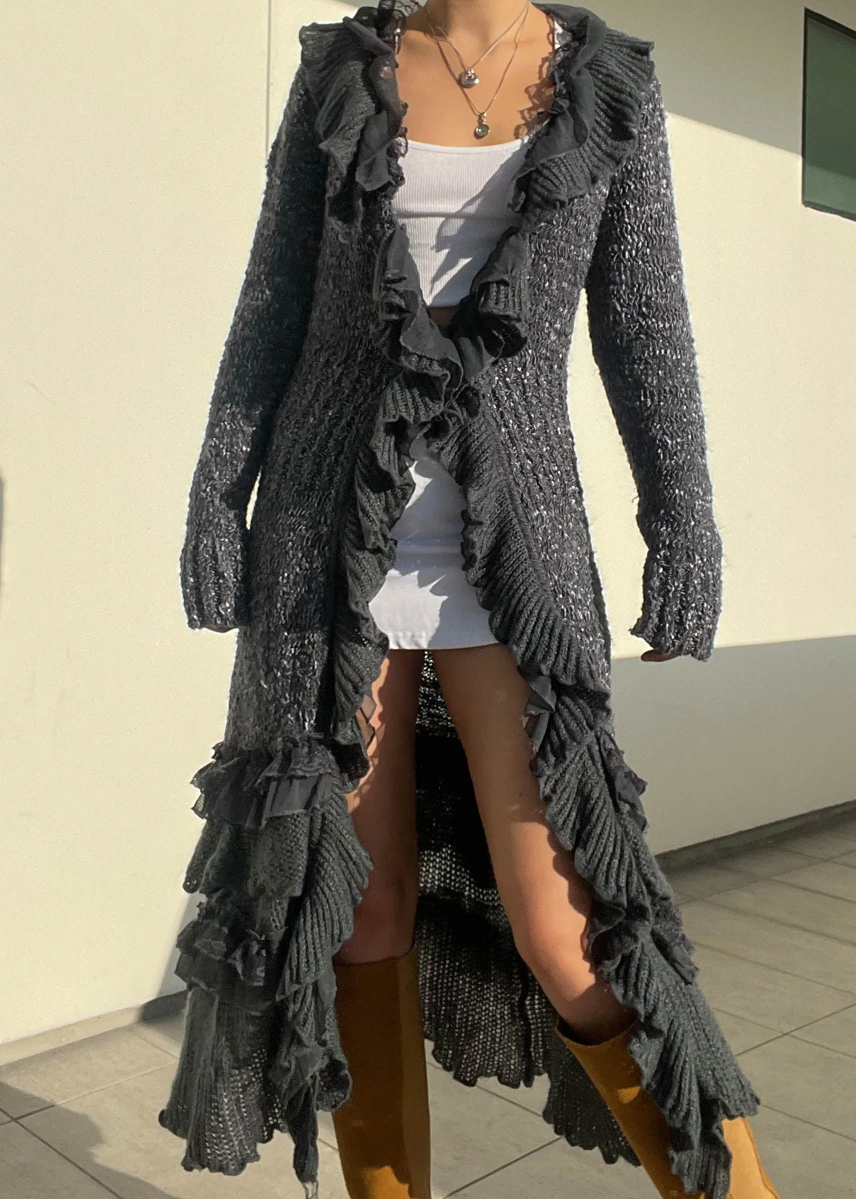 Y2k Charcoal Ruffle Knit Cardigan (M-L)