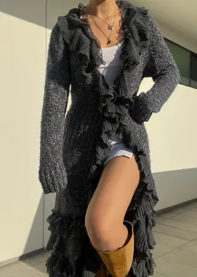 Y2k Charcoal Ruffle Knit Cardigan (M-L)