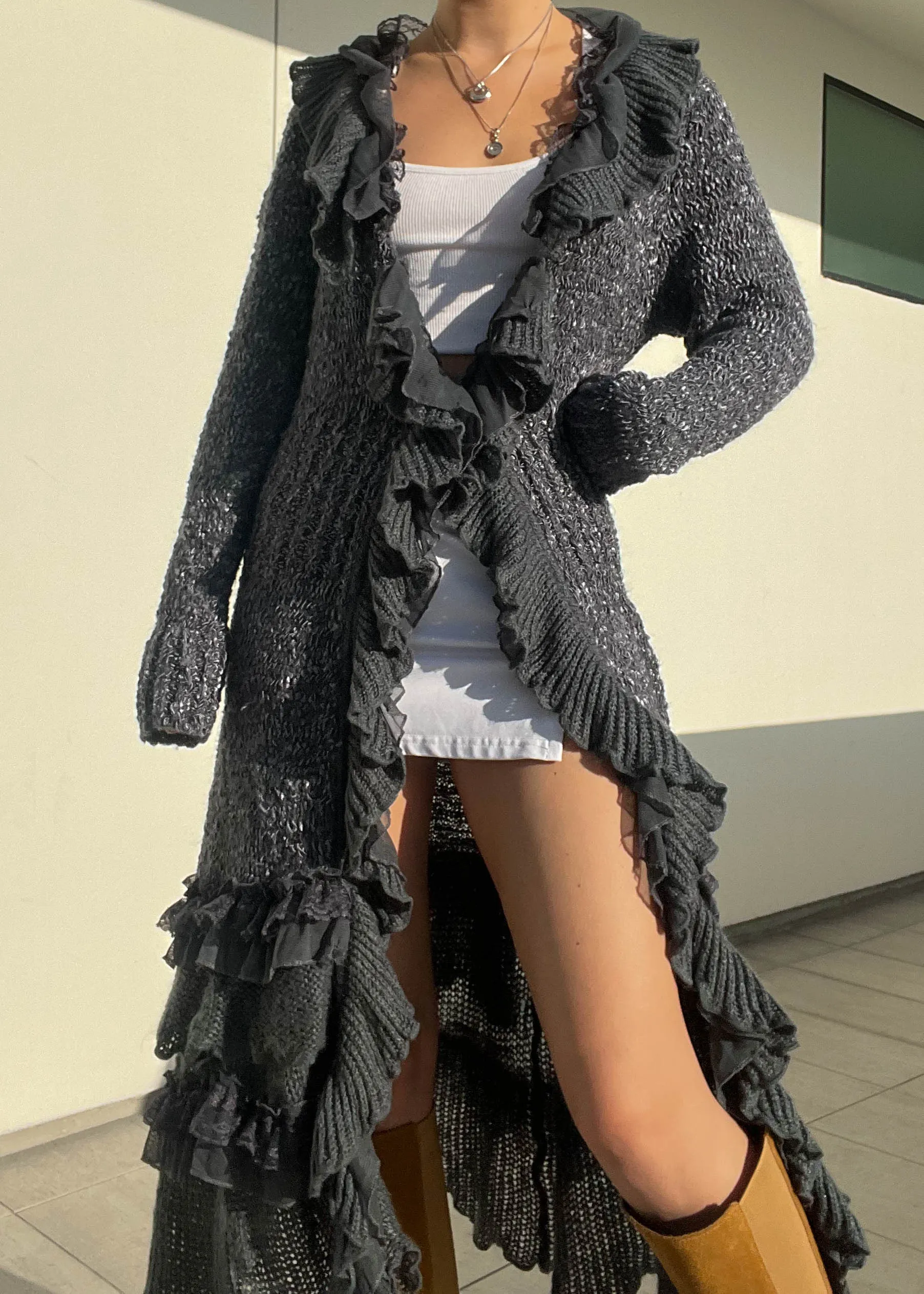 Y2k Charcoal Ruffle Knit Cardigan (M-L)