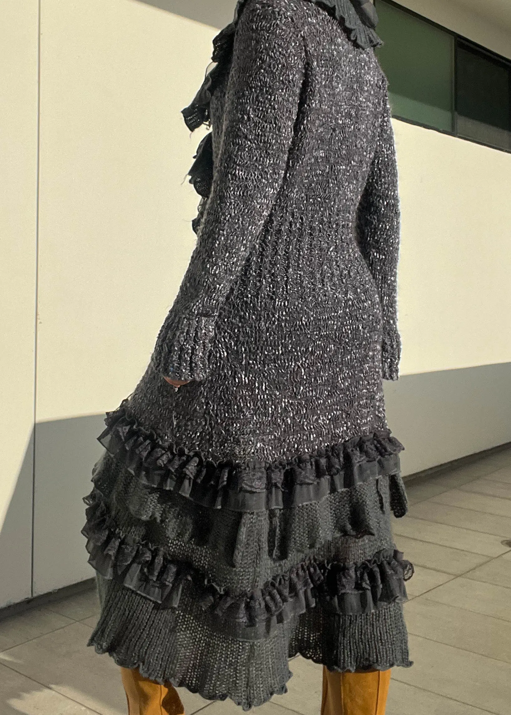 Y2k Charcoal Ruffle Knit Cardigan (M-L)