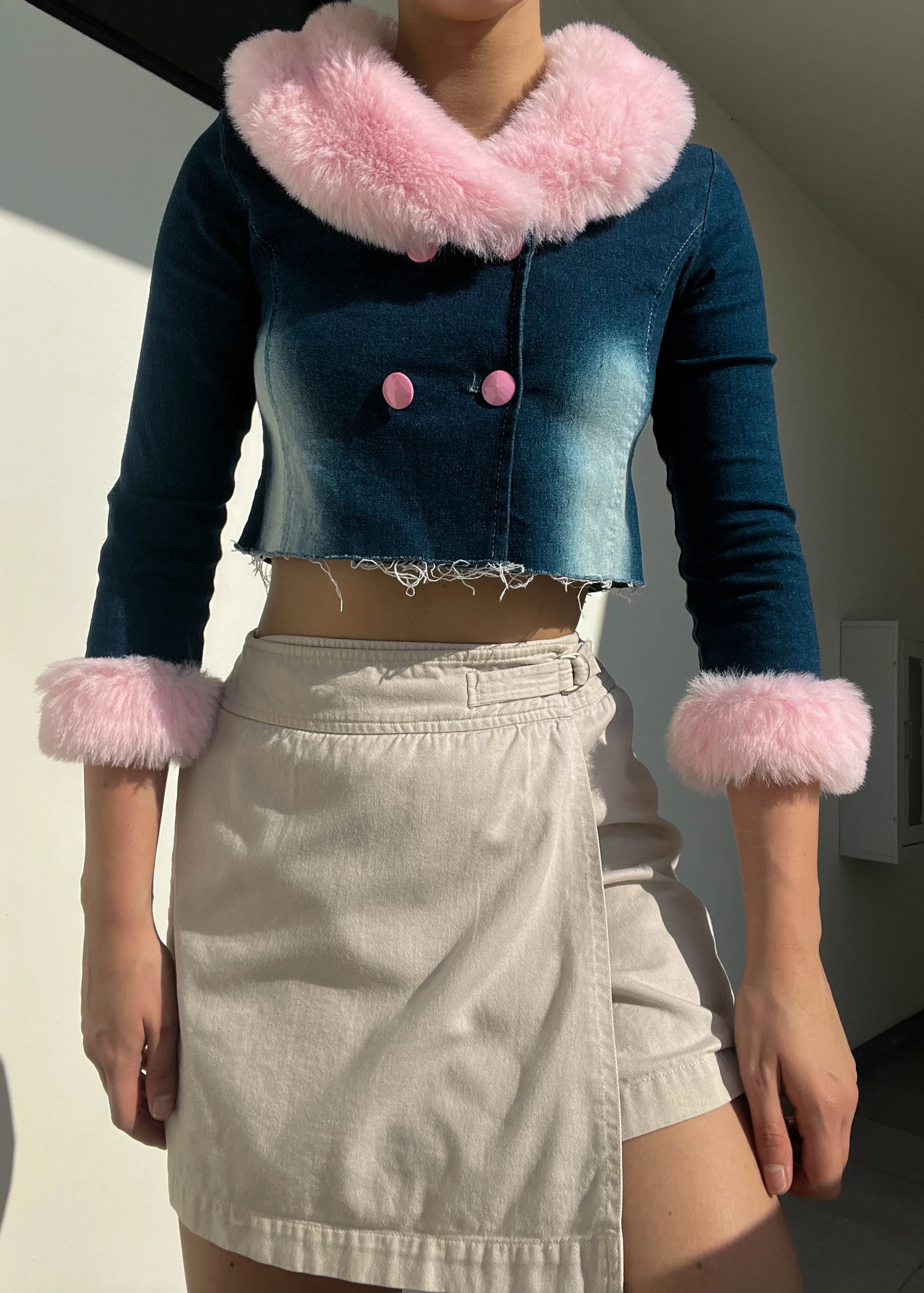 Y2k Denim   Pink Fur Trim Jacket (S)