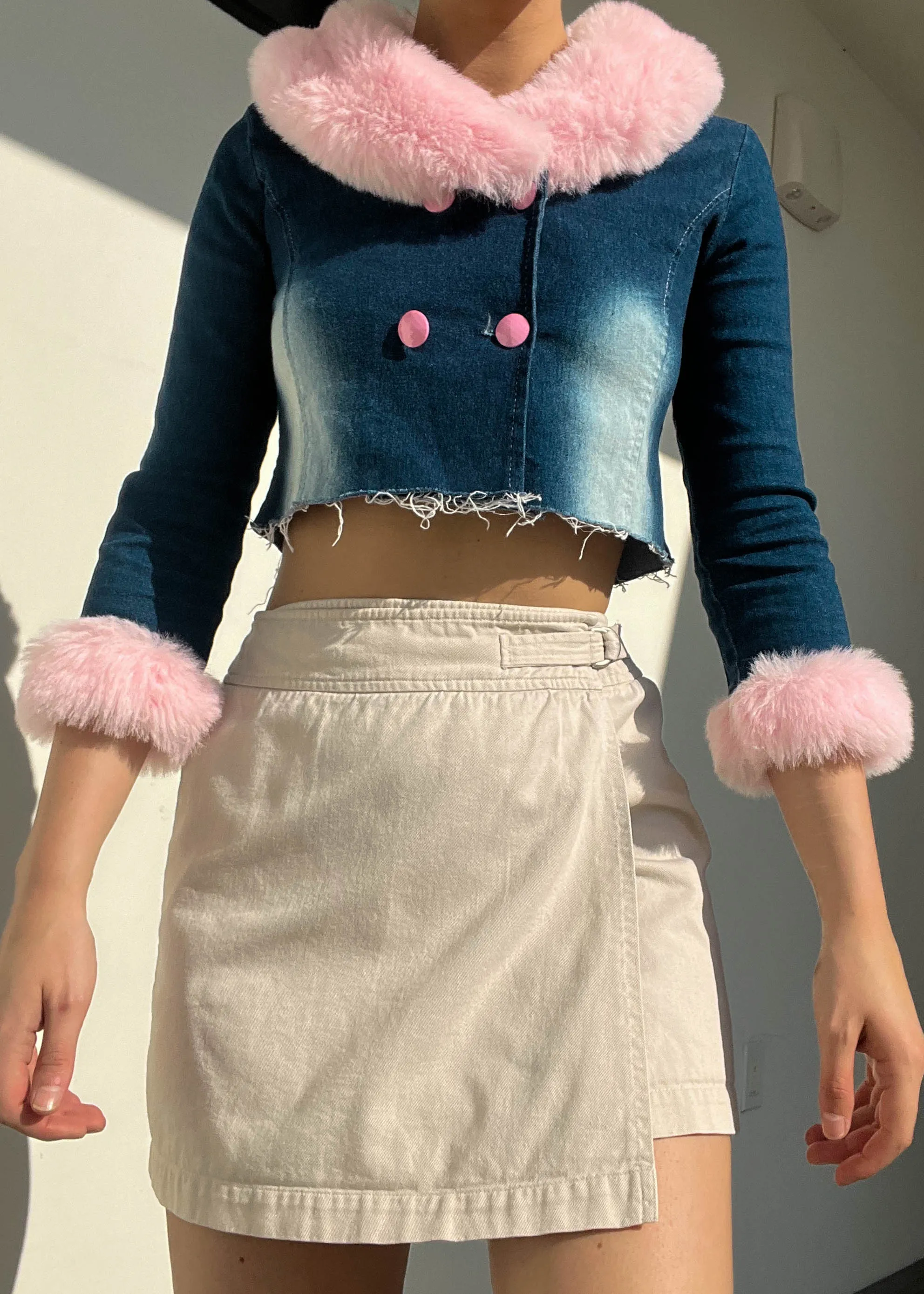Y2k Denim   Pink Fur Trim Jacket (S)