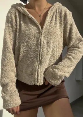 Y2k Fuzzy Beige Hoodie Jacket (S-M)