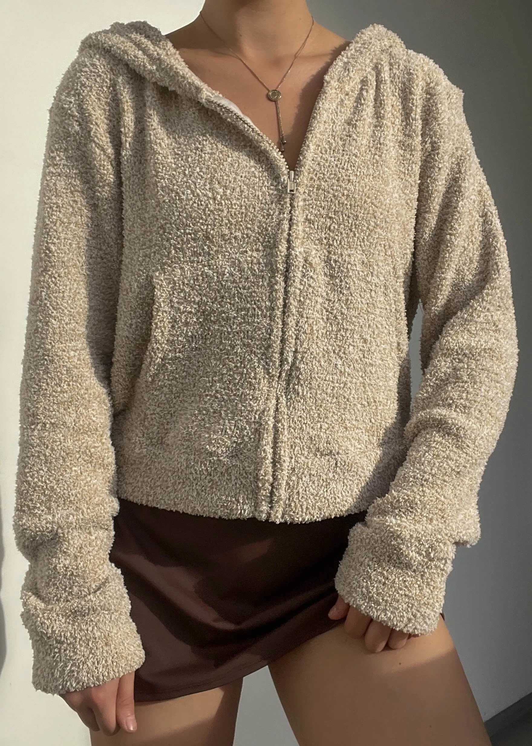 Y2k Fuzzy Beige Hoodie Jacket (S-M)