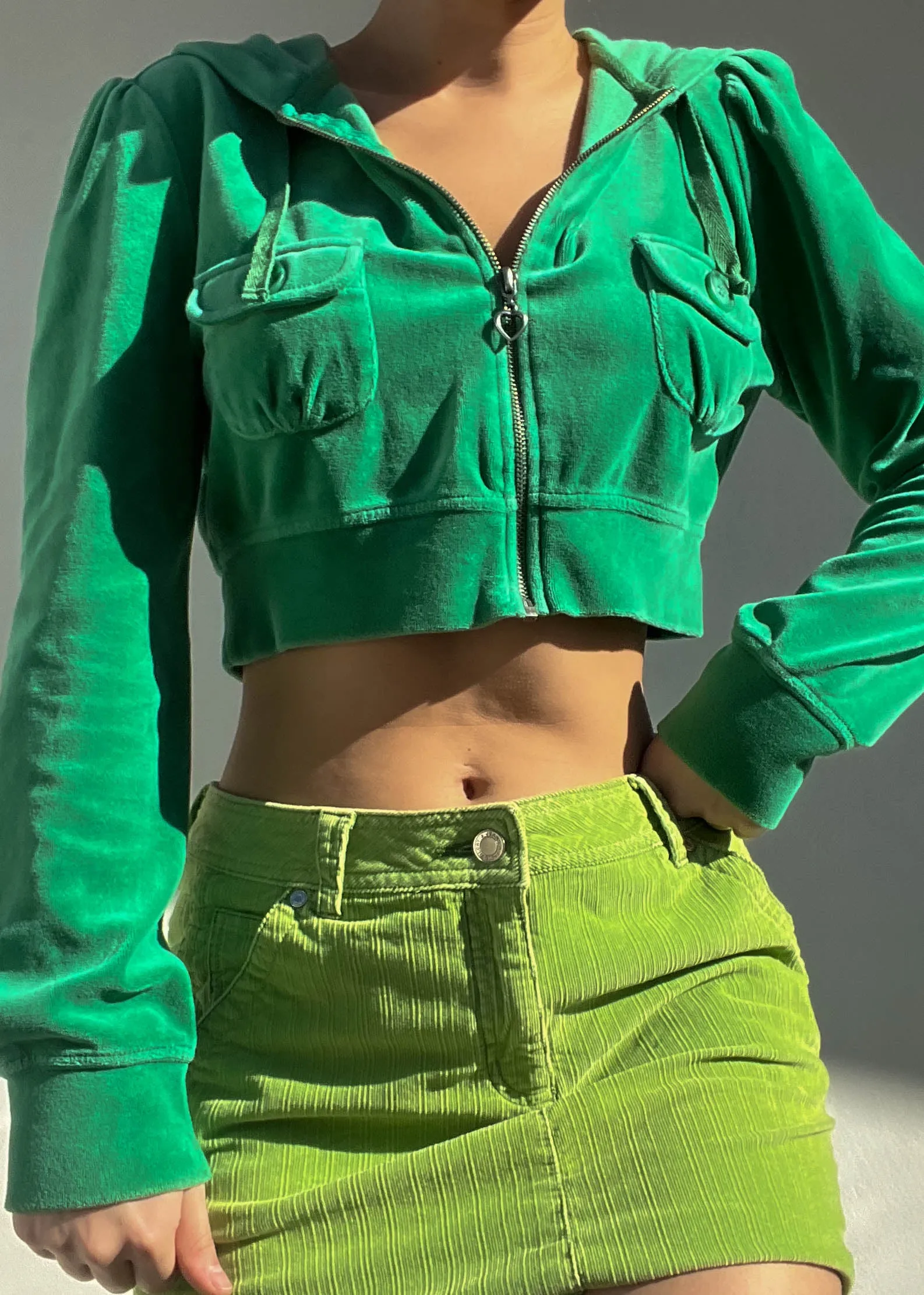 Y2k Green Velour Hoodie Jacket (M)