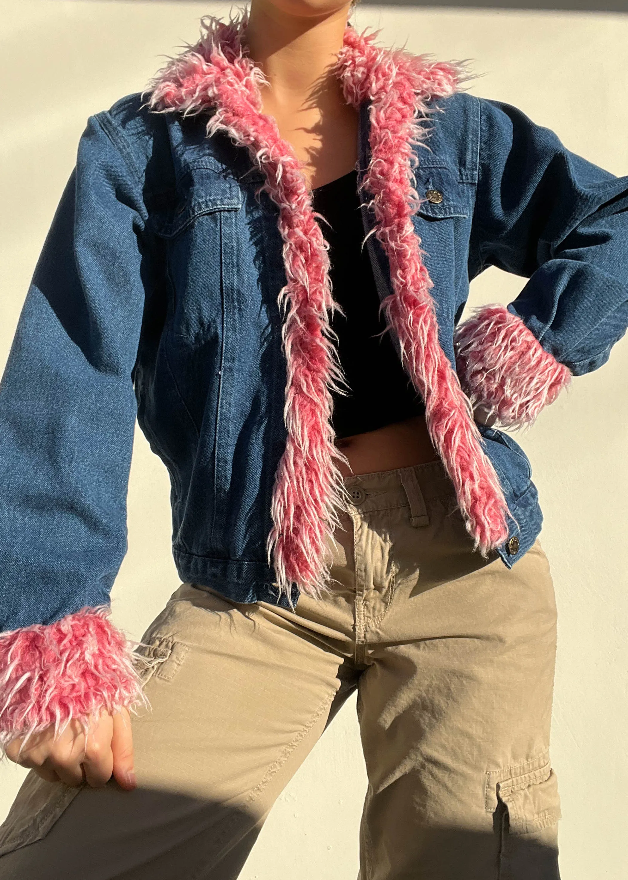 Y2k Pink Fur Trim Denim Jacket (S)