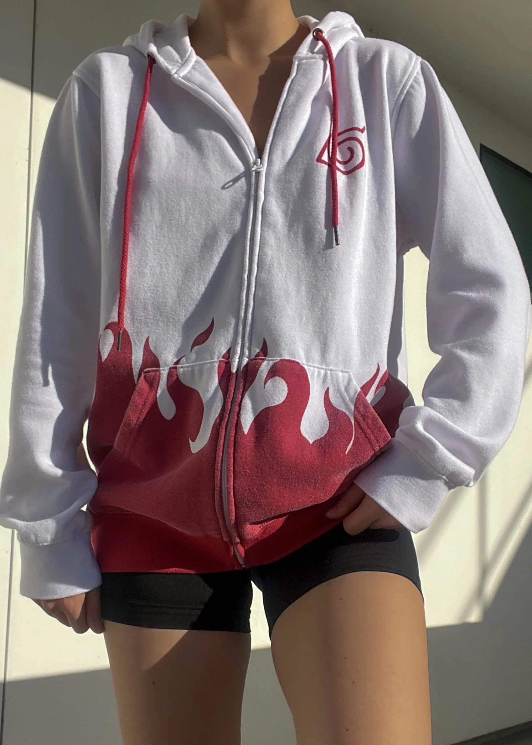 Y2k White   Red Flame Hoodie (L)
